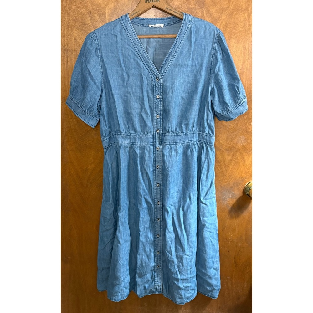 Roolee Blue Denim Chambray Puff Sleeve Midi Shirt Dress Cottagecore Button Down